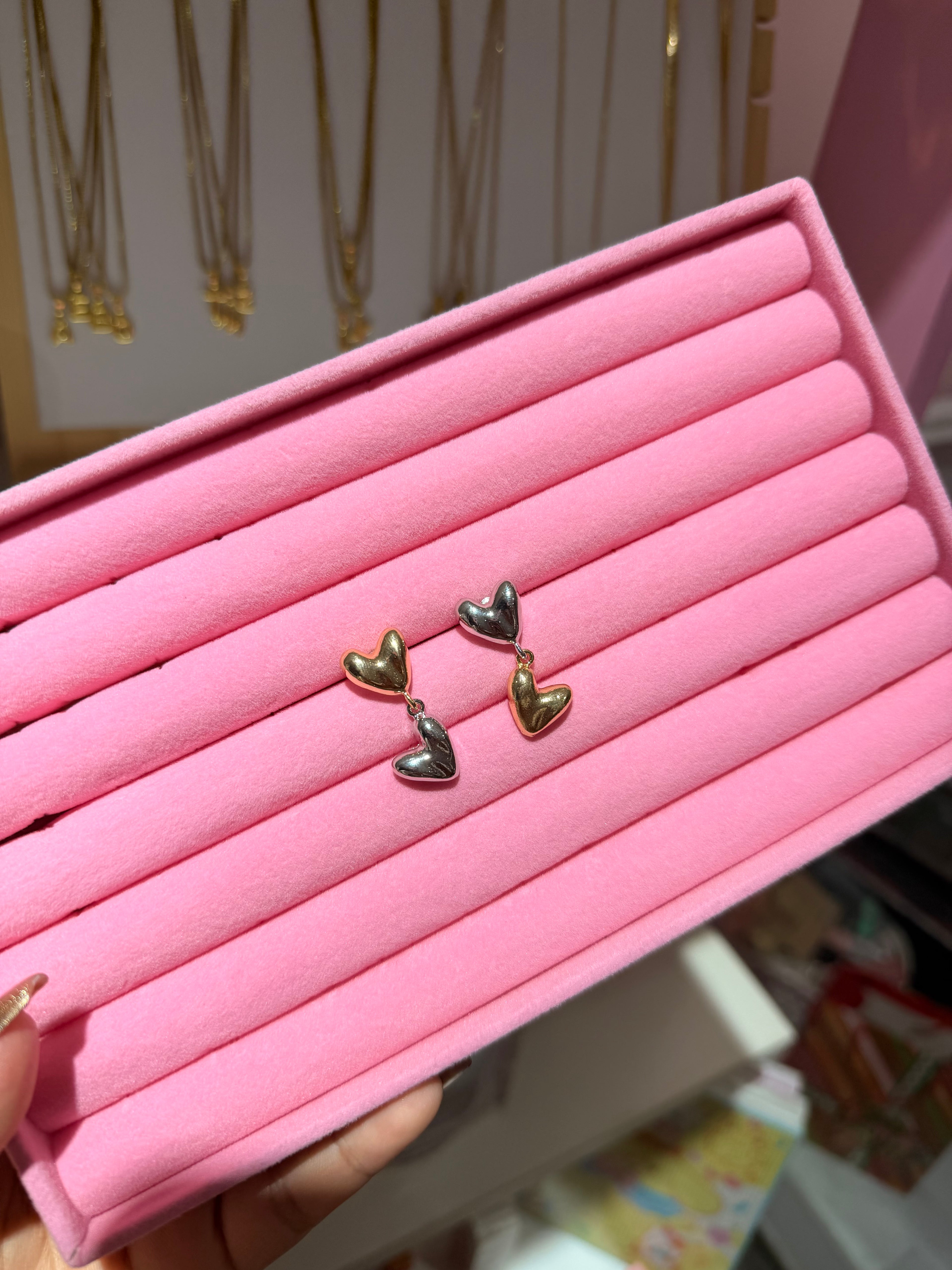 Arete doble corazon plata y dorado| joyeria